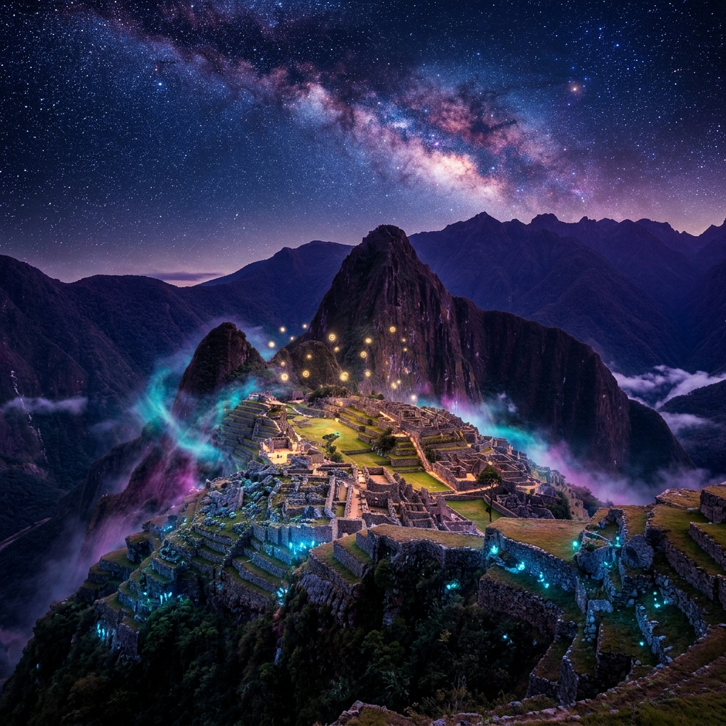 Machu Picchu bajo cielo estrellado místico