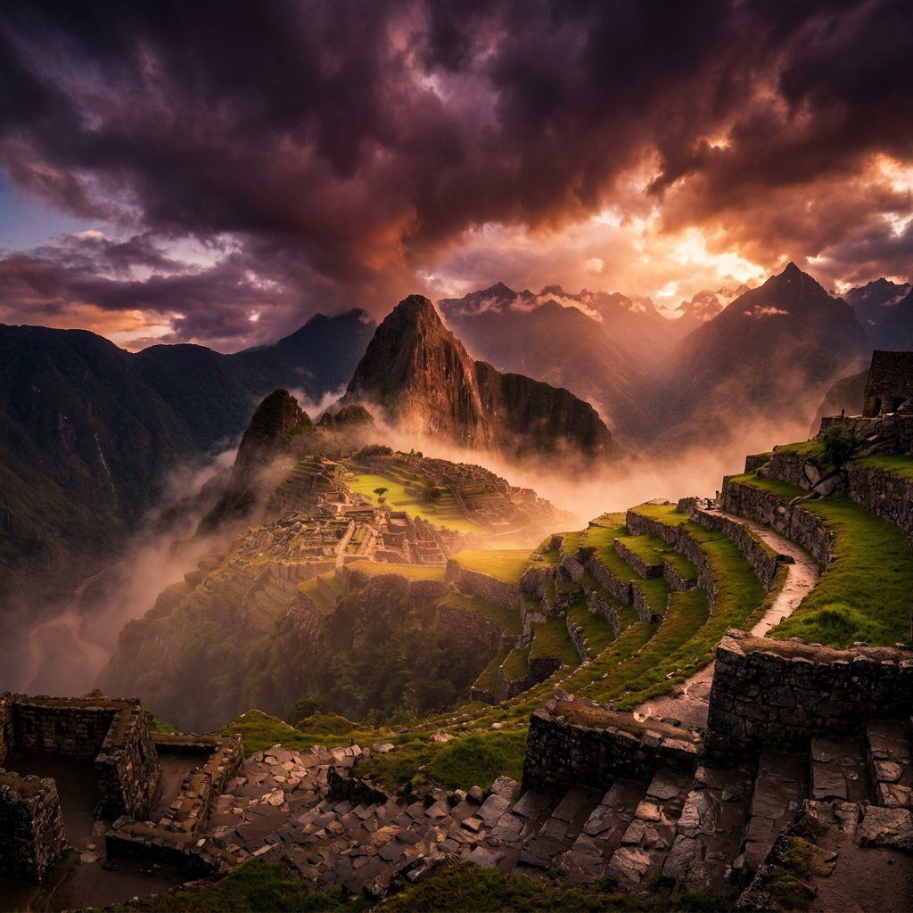 Machu Picchu en atardecer sagrado misterioso